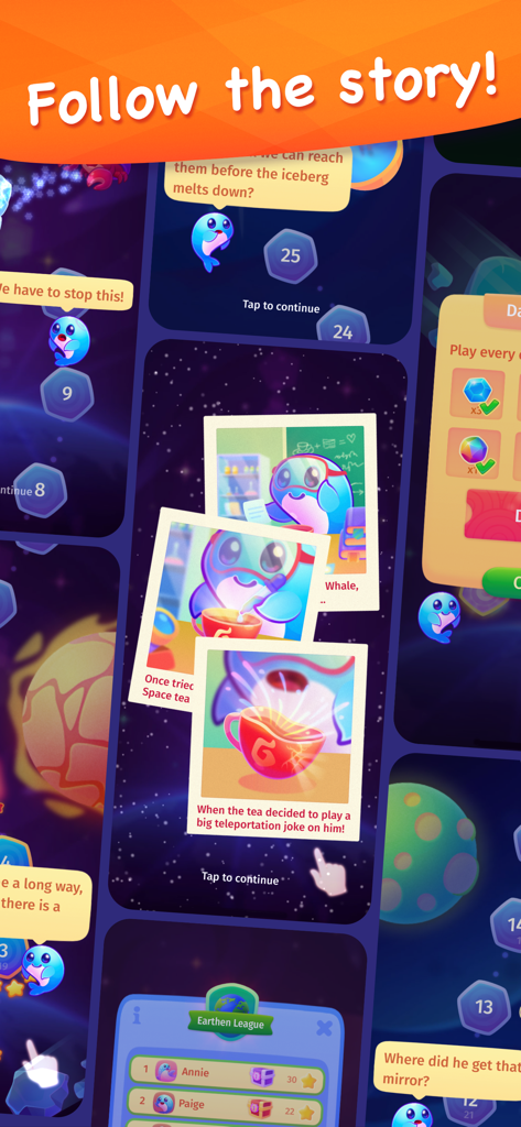 귀여운 고래 마스코트 일러스트와 은하계 레벨 지도가 포함된 스페이스 웨일 버블 슈터 스토리 화면