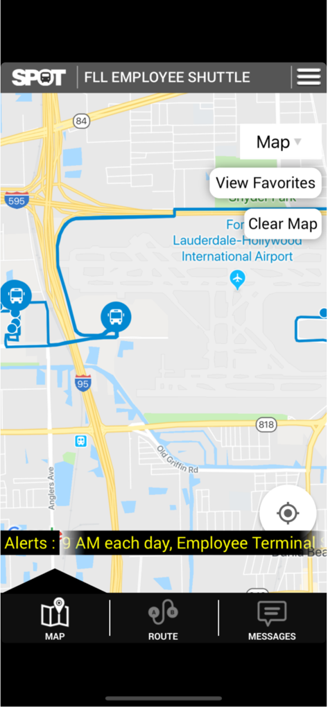 ETA SPOT - ETA SPOT mobile app interface showing real-time shuttle bus tracking on a map for Fort Lauderdale-Hollywood International Airport