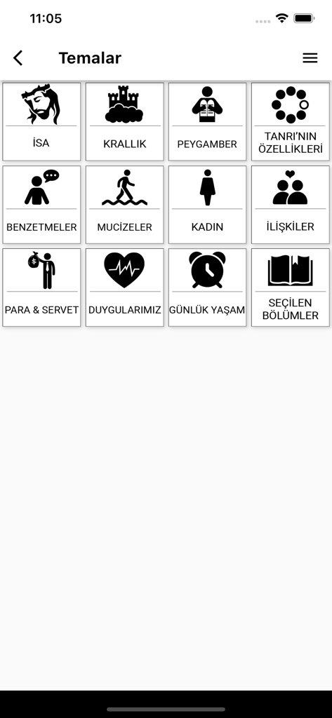 A grid of icons in the Kutsalkitap.org Turkish Bible app showing various biblical study themes and topics.