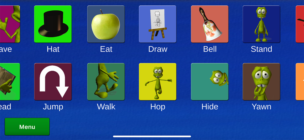 A grid of icons in the Pogg app showing various actions like jump, walk, and hop for language learning.