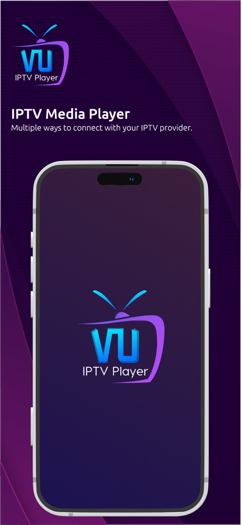 VU IPTV Player splash screen on iPhone with logo and text