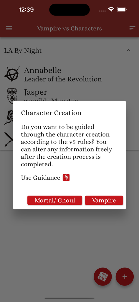 Vampire v5 Characters - Character creation prompt in the Vampire v5 Characters app offering a choice between creating a Mortal, Ghoul, or Vampire.