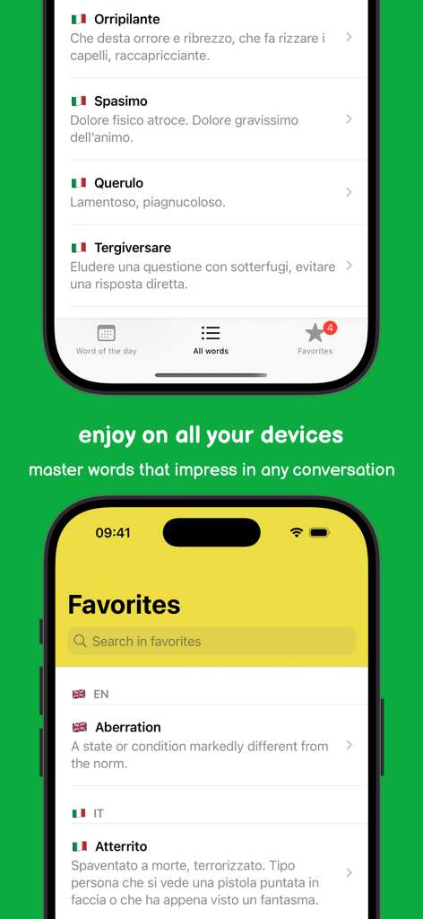 Word of the day - Word of the Day app interface displaying a list of Italian words and a favorites section on two mobile phones.