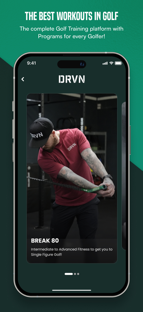 Smartphone displaying the DRVN app with a man performing a golf specific cable rotation exercise for the Break 80 training program.