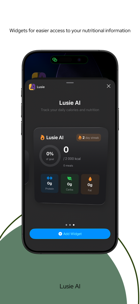 Interfaz del widget de seguimiento de calorías de Lusie AI en iPhone.