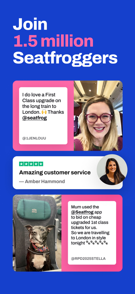 Marketing graphic displaying Seatfrog user testimonials and positive app reviews from travelers