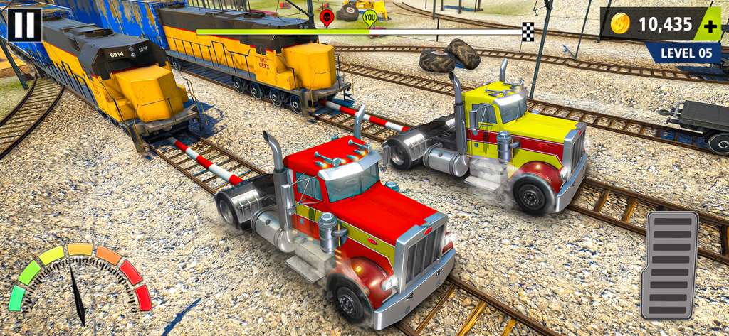 Drag Racing - Tow Truck Games - Gameplay screenshot showing two semi trucks pulling heavy trains in a competition