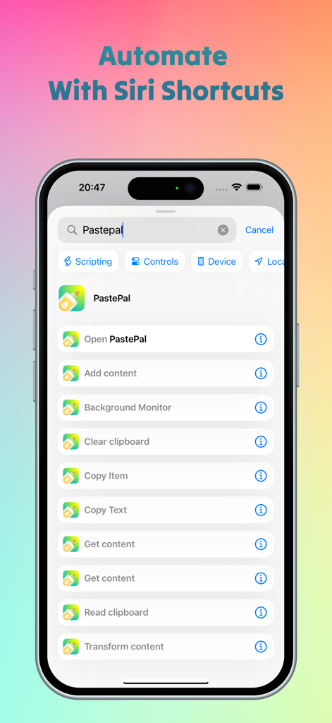 Integrazione di PastePal con Siri Shortcuts che mostra un elenco di azioni sugli appunti automatizzabili su iPhone