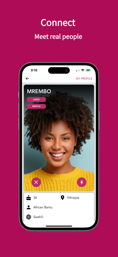 Africa Love Match app interface displaying a dating profile with cultural details like location and language