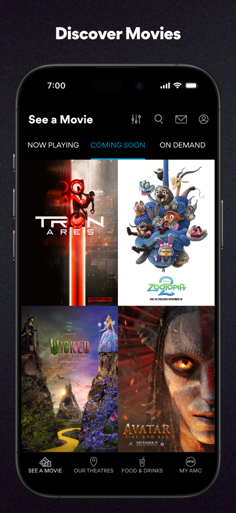 AMC Theatres App zeigt kommende Filme mit Postern für Tron Ares und Zootopia 2