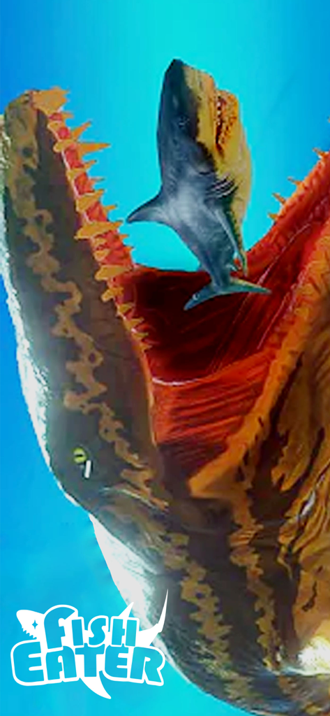A massive deep sea predator with sharp teeth about to swallow a smaller shark in the Fish Eater io game.