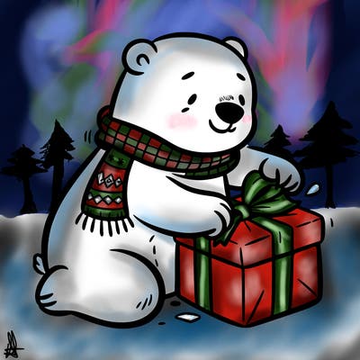 polar bear wrapping a present