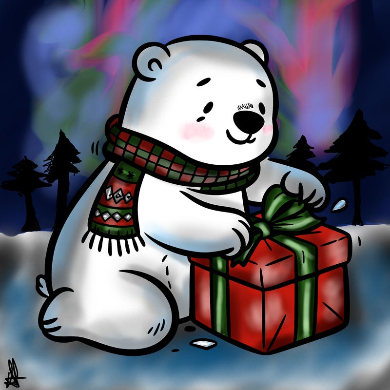 polar bear wrapping a present