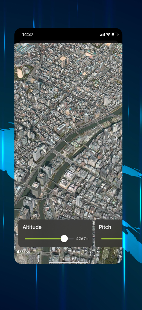 Weather Scope Live - Radar Map - Vista aérea 3D del terreno de una ciudad con controles de altitud e inclinación en la aplicación Weather Scope Live
