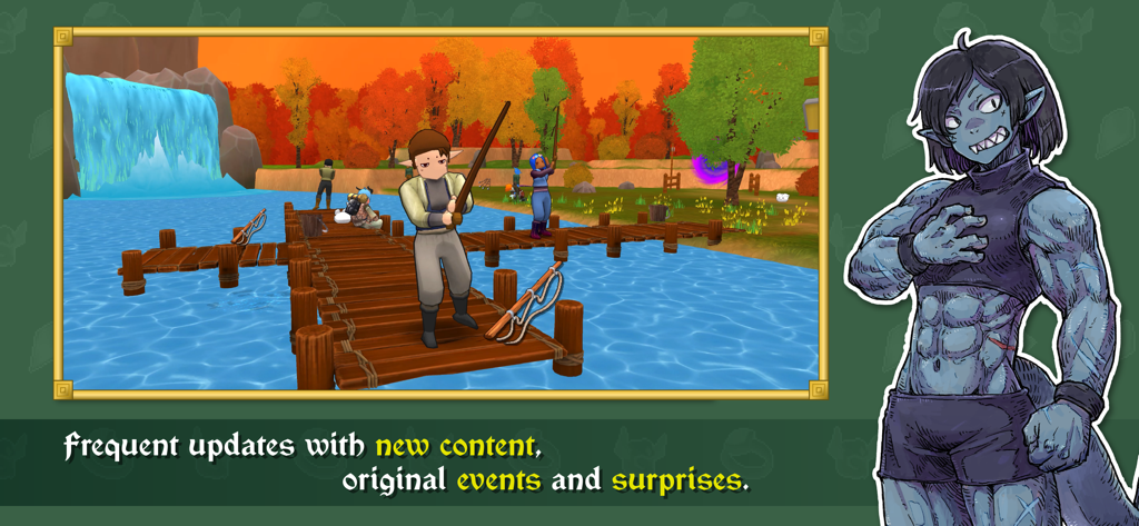 Jogadores pescando em um píer de madeira no mundo de fantasia Eterspire