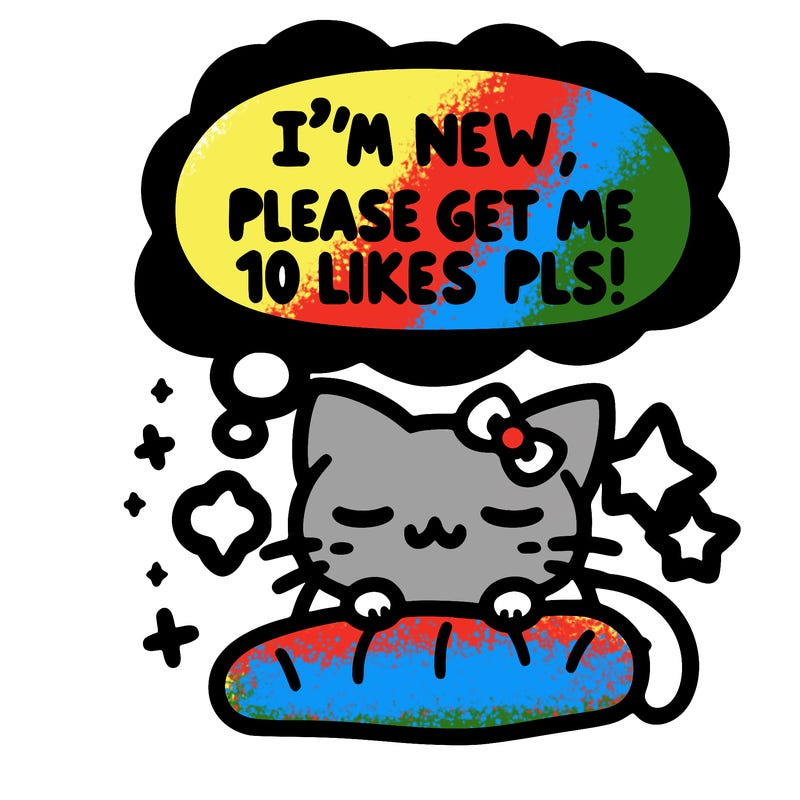 kitty taking a nap dream talking and saying "i'm new, please get me at least 10 likes pls!!"