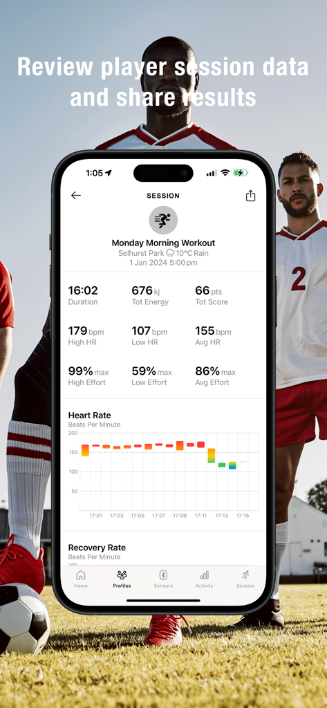 Team HR - Interfaccia dell'app Team HR che mostra un riepilogo dettagliato dell'allenamento con dati sulla frequenza cardiaca e metriche di prestazione per una sessione di calcio