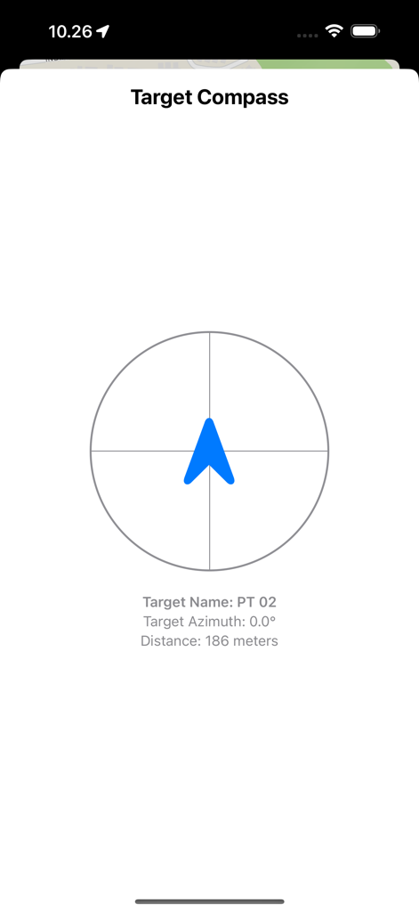 Tela de bússola de alvo mostrando distância e azimute para um ponto de marcação