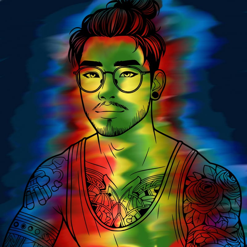 young attractive asian man with a man-bun, glasses, and tattoo's
