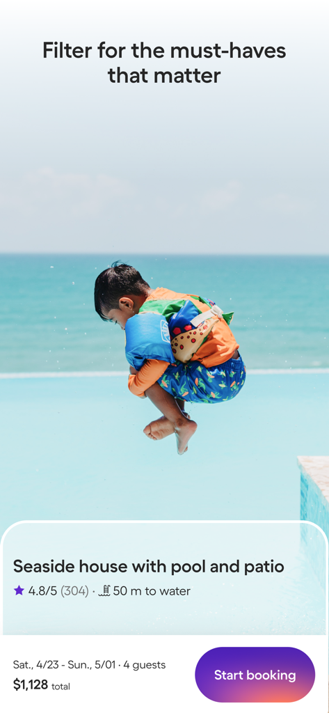 Vacation Rentals - HomeToGo - A child jumping into a swimming pool at a seaside house rental with the HomeToGo search filters and booking interface.