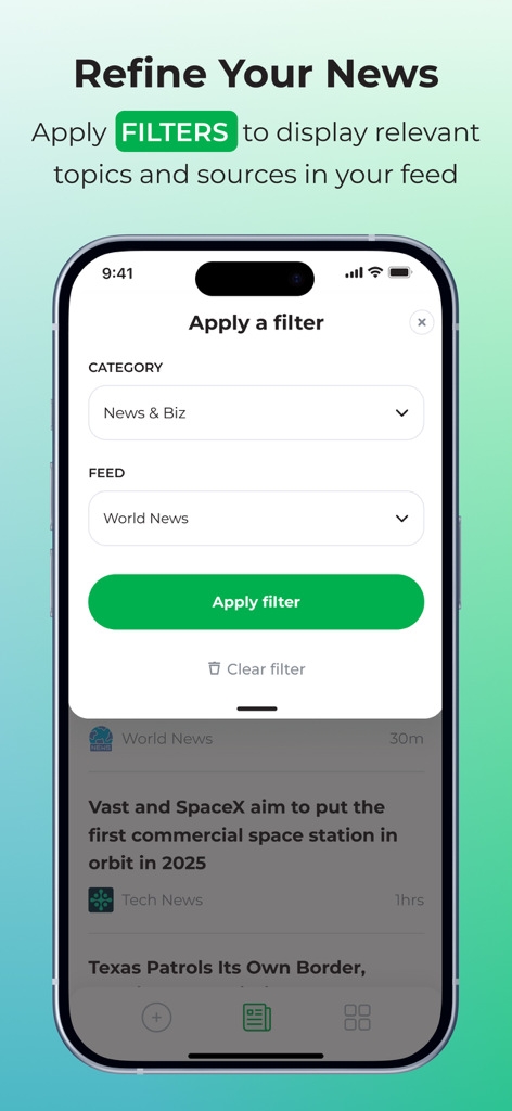 follow.it - Interface de l'application follow.it pour affiner le flux d'actualités avec des filtres de catégorie et de source.