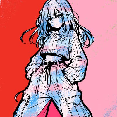 anime teen girl with baggy pants and crop top with sweater