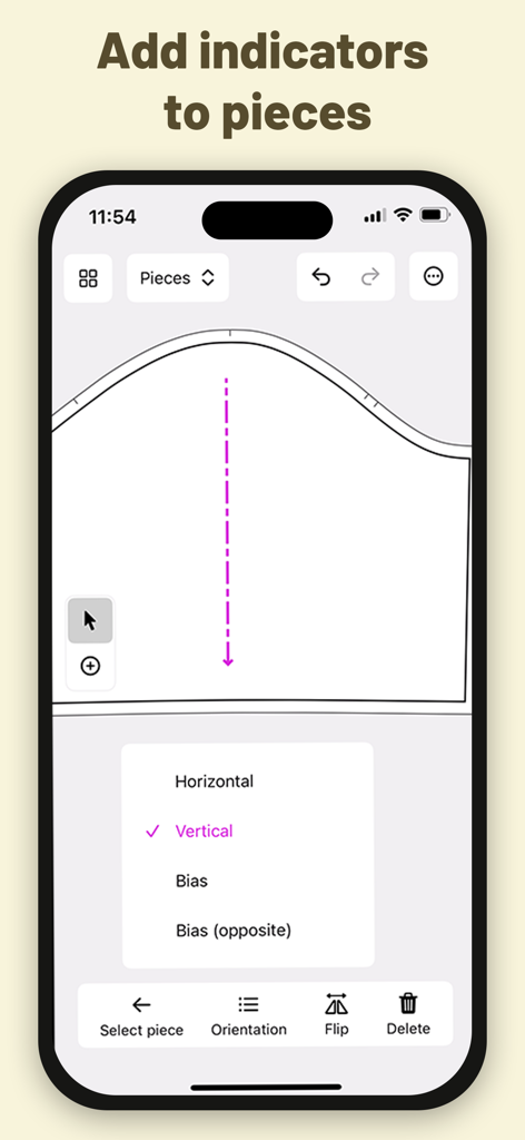 A mobile interface for DartSide showing orientation and grain line indicators for sewing pattern pieces