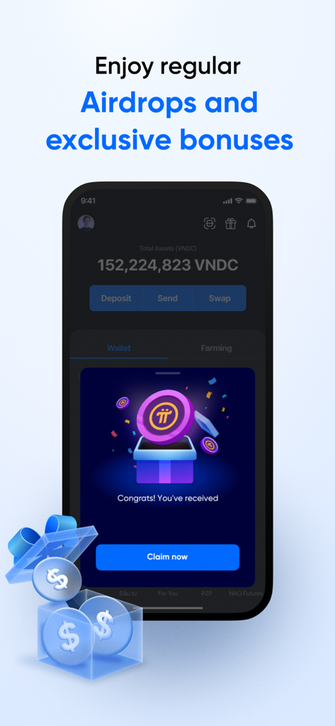 ONUS: Buy Bitcoin,ETH & Crypto - ONUS 암호화폐 앱 인터페이스가 정기적인 에어드랍 및 독점 보너스 알림을 표시함