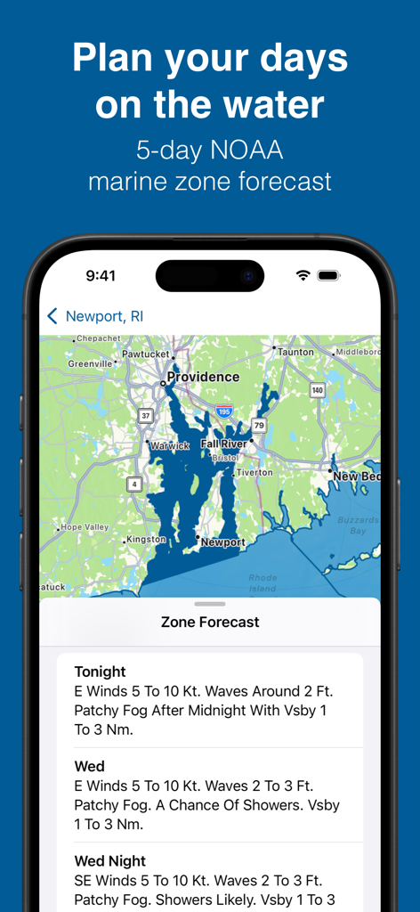 ニューポート、ロードアイランド州の地図と詳細な風速・波浪データを含む5日間のNOAA海洋区域予報が表示されたBuoycastアプリの画面