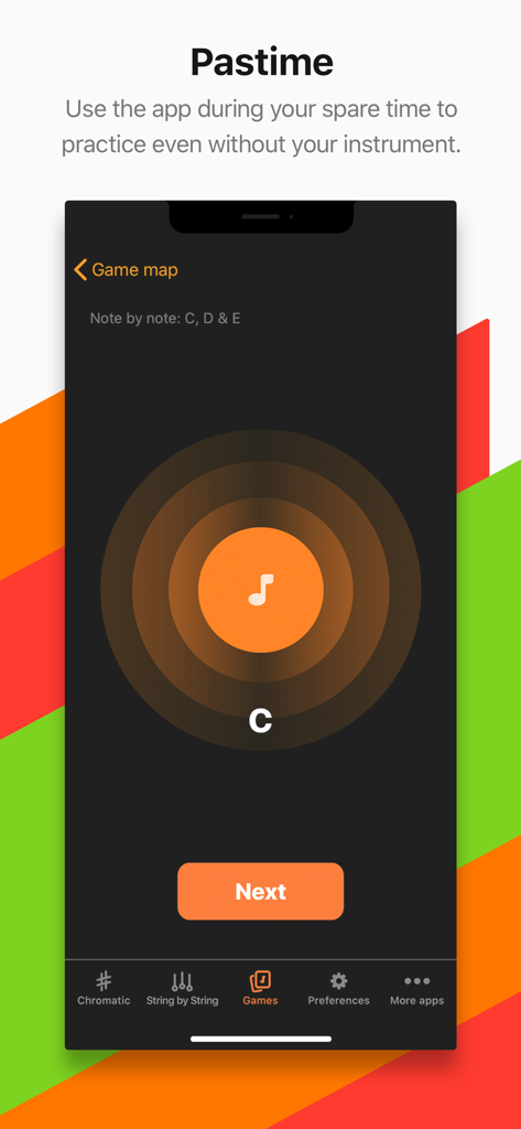 Interface of the Cifra Club Tuner app showing a music game for practicing musical notes note by note.
