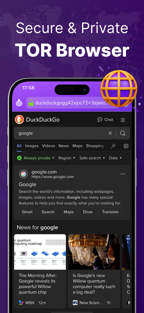 TOR Browser ~ Onion Browser - Captura de pantalla de la aplicación Navegador TOR en iPhone mostrando una búsqueda segura y privada a través de DuckDuckGo