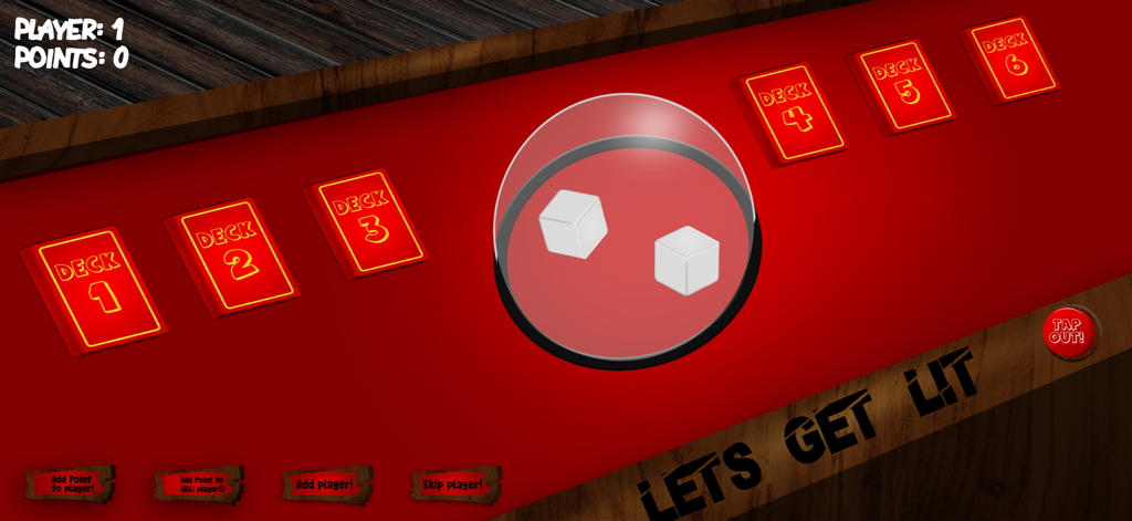 Lets Get Lit - Gameplay screen of Lets Get Lit featuring card decks and a dice dome for social gaming.