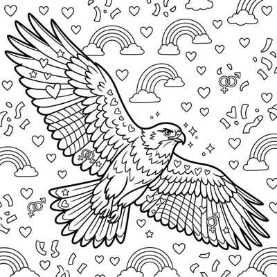 Discover our unique Buzzard Pride Month coloring page, thoughtfully designed for seniors. This engaging template features a majestic buzzard soaring amidst symbols of love, diversity, and celebration.
