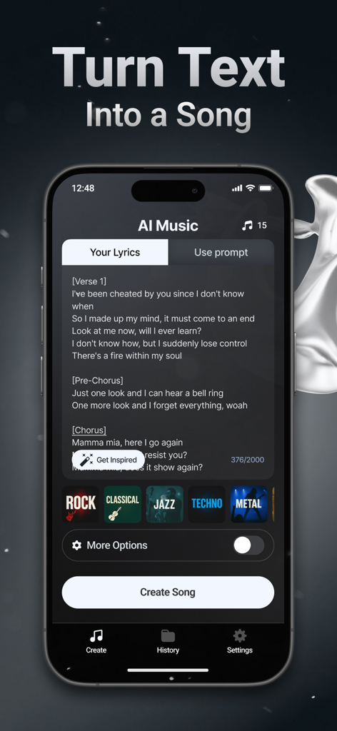 Riffusion app interface on an iPhone showing text lyrics being converted into a song with AI music style options
