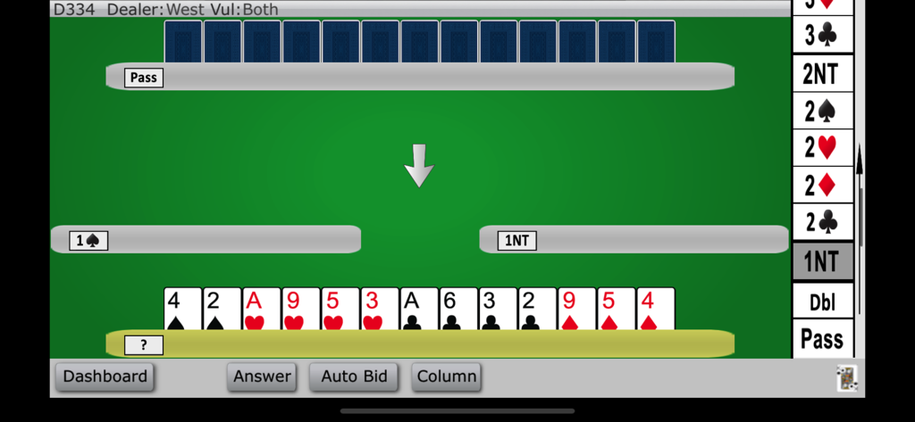 Bridge card game bidding interface with a player hand and bidding history