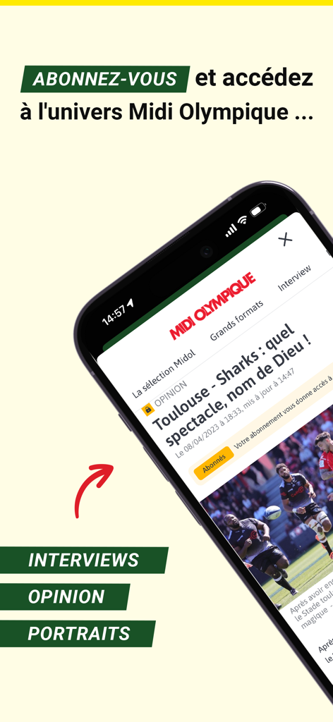 Captura de pantalla de la aplicación Rugbyrama mostrando opciones de suscripción y artículos de rugby exclusivos como entrevistas y opiniones.