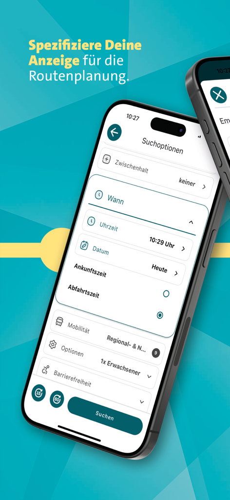 unser-DING - A mobile screen showing the search settings and route planning options for the unser-DING transit app