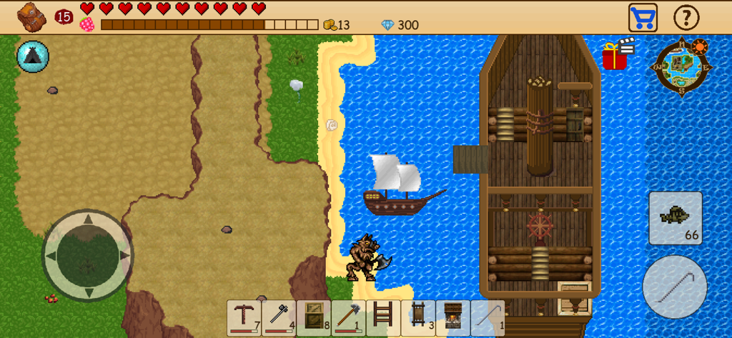 Survival RPG: Open World Pixel - 2D pixel art gameplay showing a character standing on a beach next to a large wooden ship