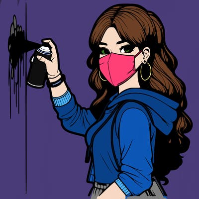 realistic girl with mask spray painting a wall