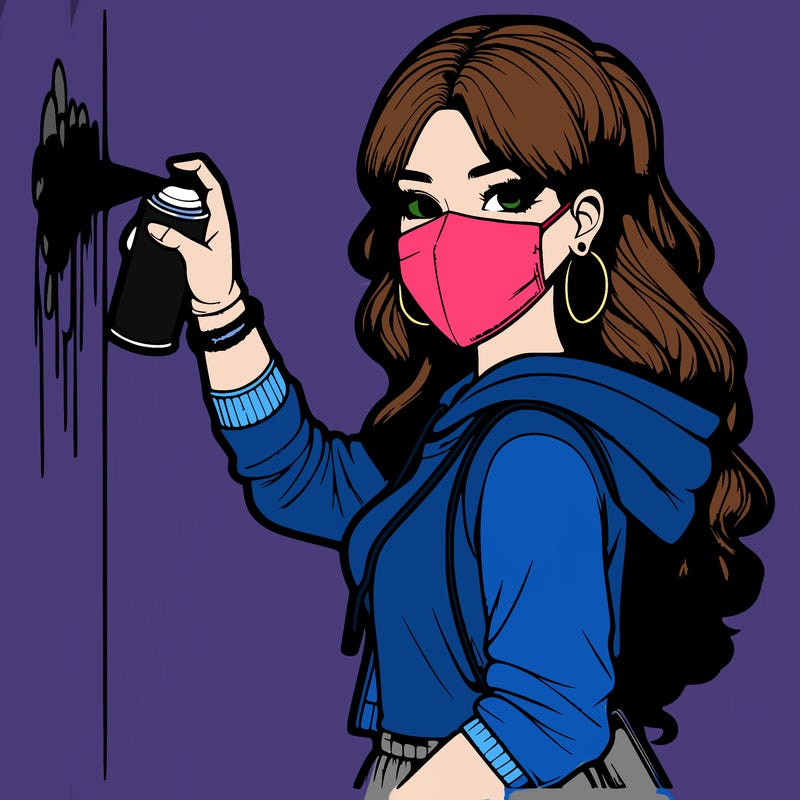 realistic girl with mask spray painting a wall