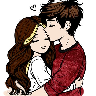a realistic couple boy and girl hugging and kissing