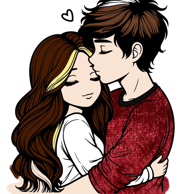 a realistic couple boy and girl hugging and kissing