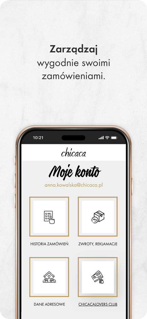 Chicaca.pl - Chicaca app My Account screen with options for order history returns address details and loyalty club