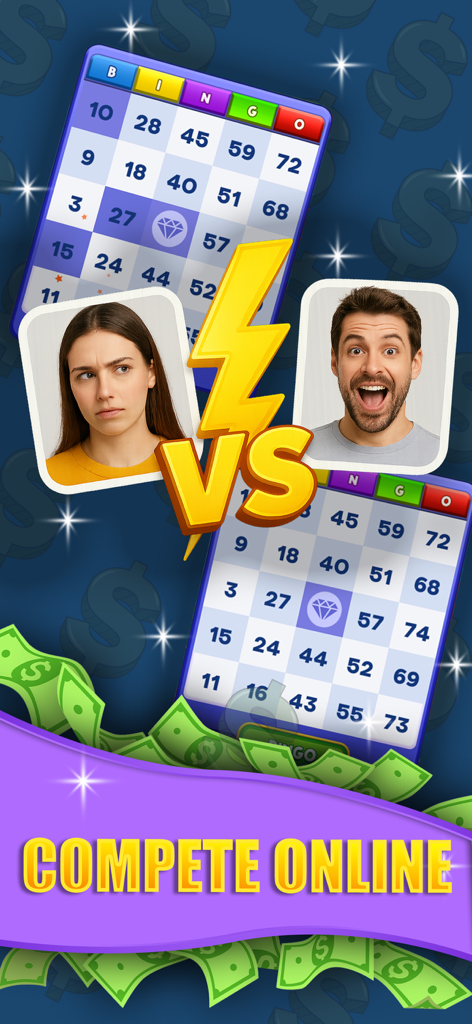 Bingo Mania: Fast & Skilled - Zwei Spieler, die in einem kompetenzbasierten Online-Bingo-Match um Geldpreise wetteifern.