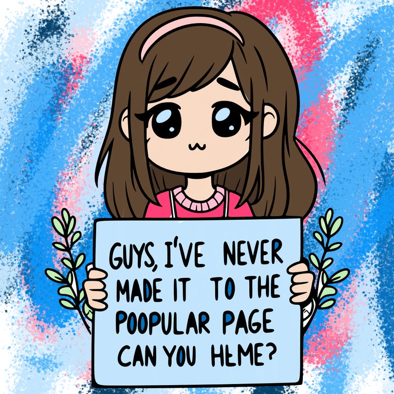 a girl holding up a sign that says, guys, i’ve never made it to the popular page, can you help me?