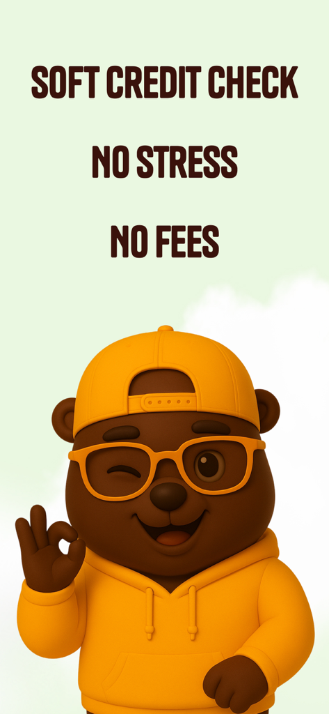Borrow Money: Wolf Processing - 3D bear mascot in orange hoodie winking with text soft credit check no stress no fees