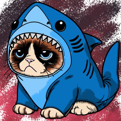 a realistic grumpy cat wearing a cute shark costume