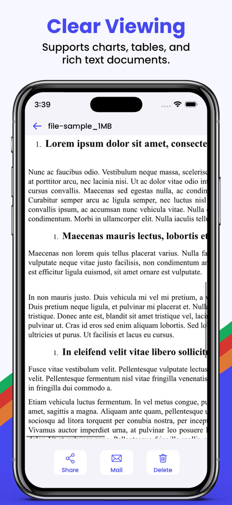 All Docs: PDF & File App - iPhone screen displaying a rich text document in the All Docs app
