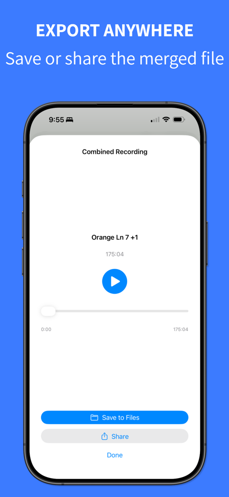 Combine Voice Memos + - 병합된 녹음을 파일에 저장하거나 공유하는 옵션을 보여주는 Combine Voice Memos 앱의 내보내기 화면