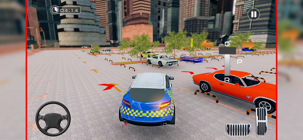 Dubai Car Driving School 2025 - A blue car in a city parking lot with driving controls in Dubai Car Driving School 2025